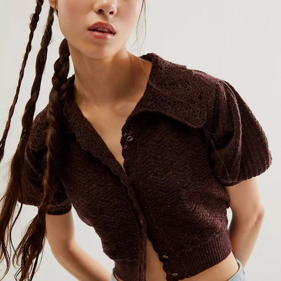 Free People Edie Cashmere cropped collared puff sleeve Cardigan 33813 - Picture 1 of 12